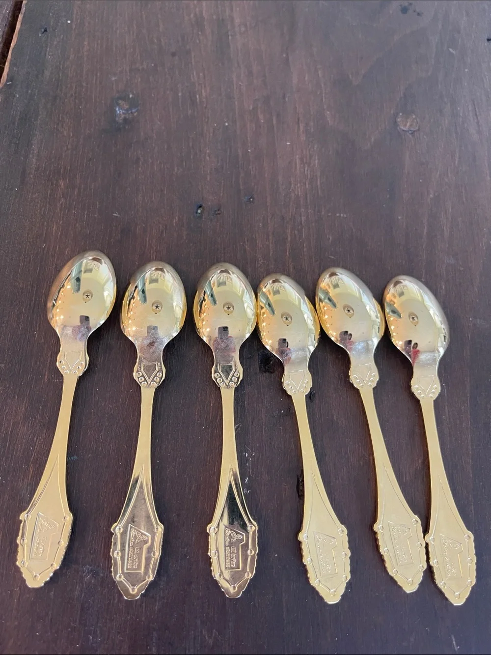 Vintage Linden Gold-Plated Floral Enamel Inlay Set of Six Small Demitasse Spoons